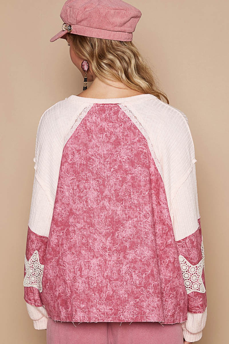 Pink Bohemian Lace Detail Floral Pattern Top with intricate lace and floral design, V-neck style.