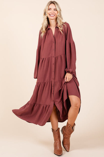 Tiered Button Down Long Sleeve Midi Dress with a flattering design and elegant button-front.