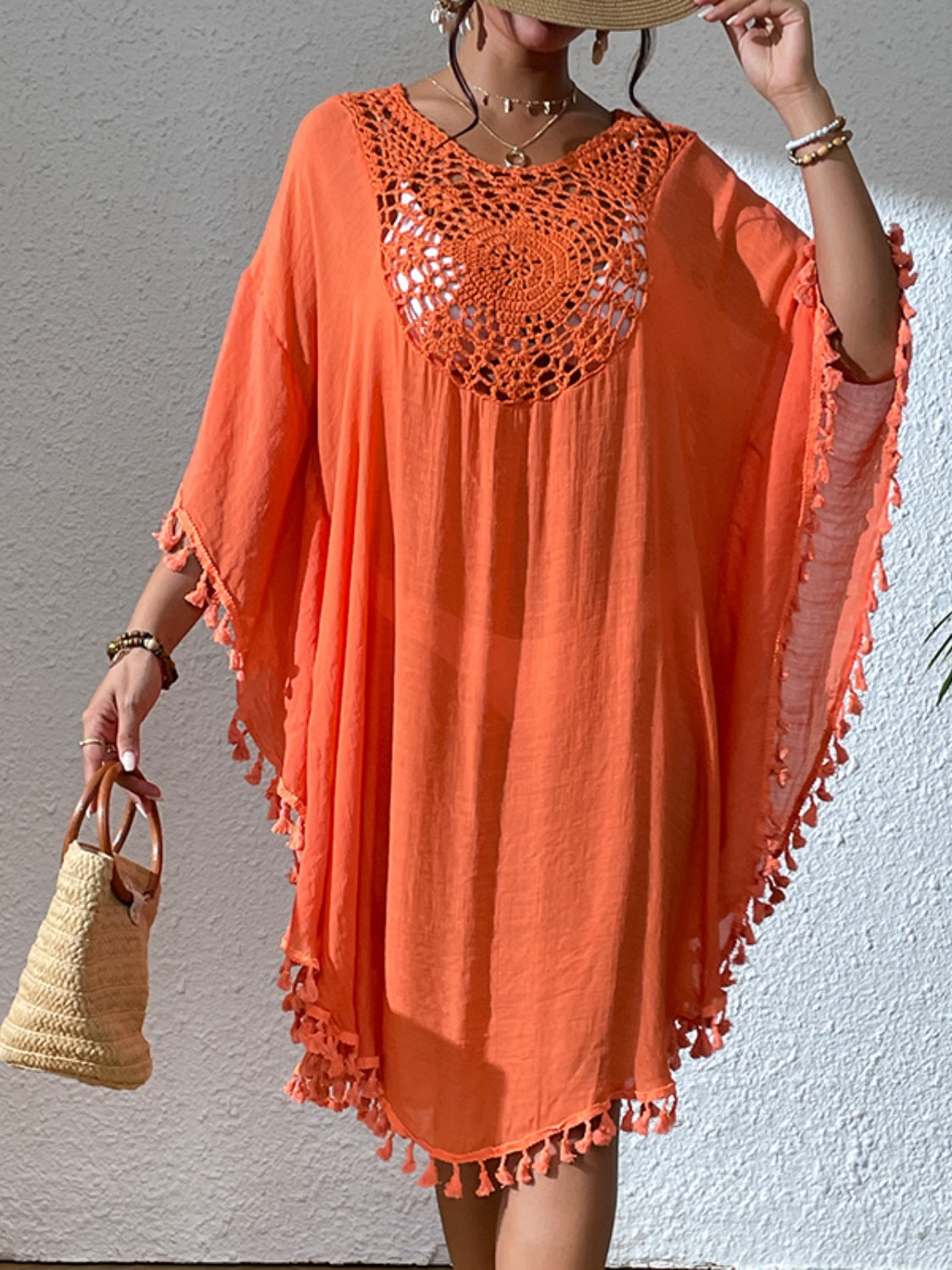 Tassel Cutout Scoop Neck Cover-Up Dress in orange, semi-sheer with crochet detail.