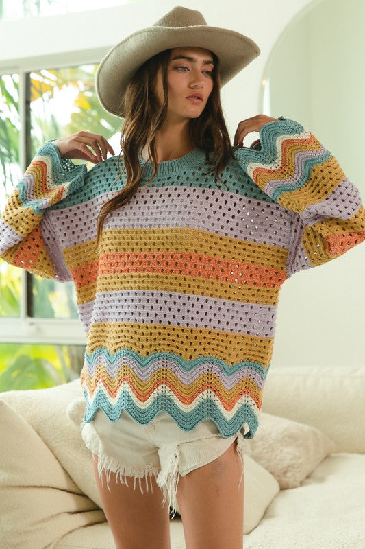 Wavy Hem Openwork Contrast Round Neck Sweater with colorful stripes and unique design.