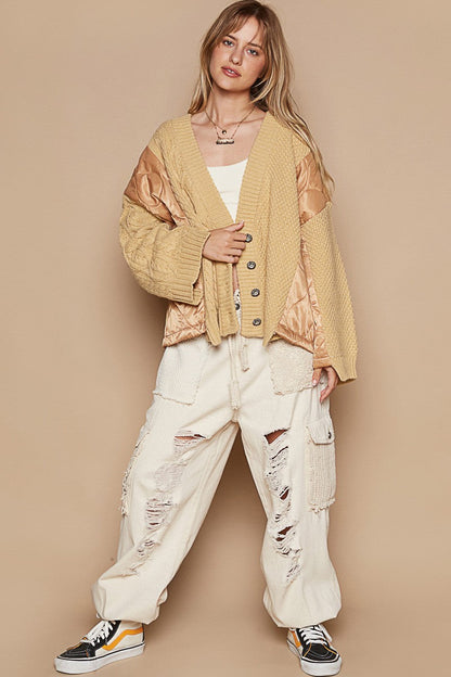 Bohemian quilted patch cable knit jacket with button-up detail.