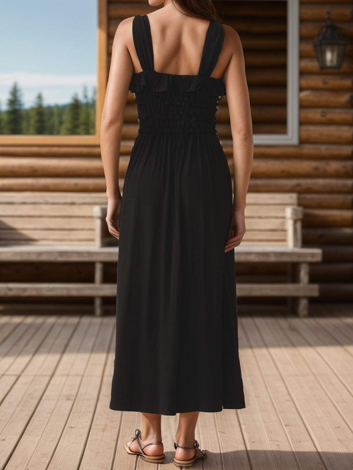 Frilled Square Neck Wide Strap Dress in black with tied feature, slightly stretchy polyester material.