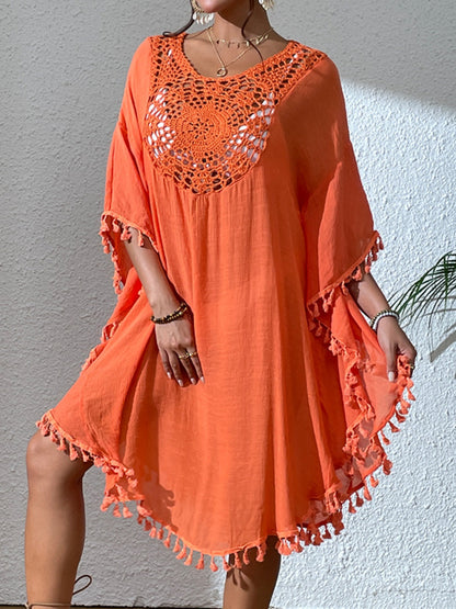 Tassel cutout scoop neck cover-up dress in orange with crochet detail.