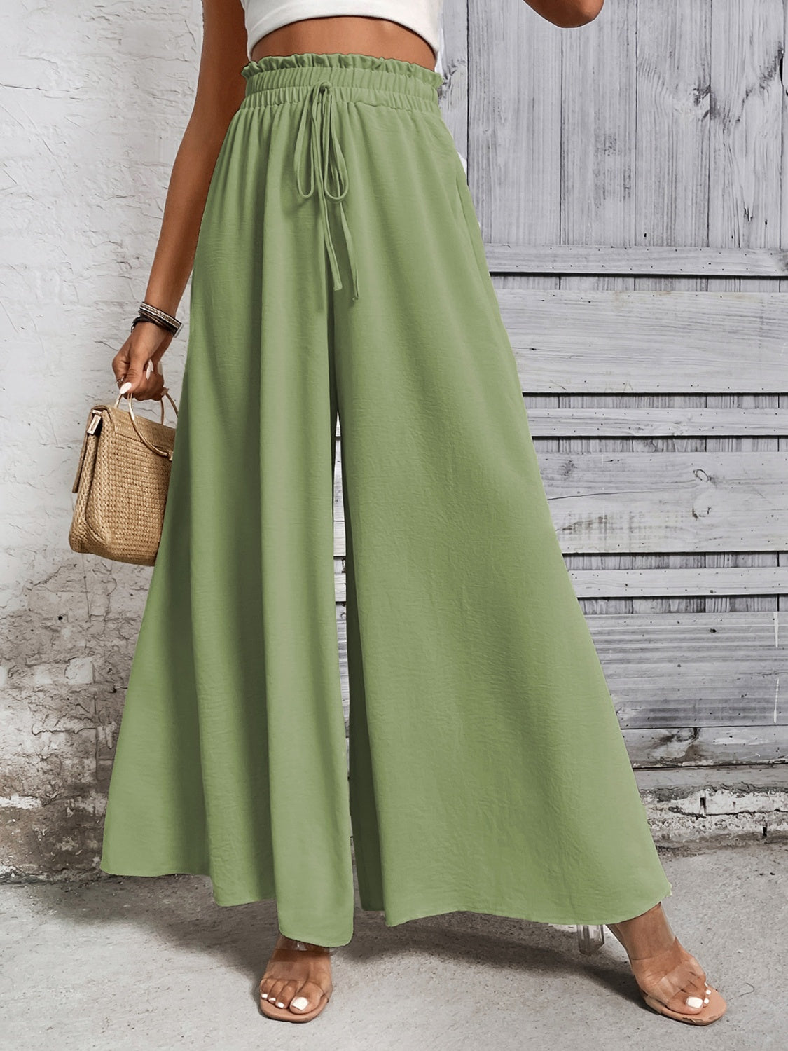 Boho high waist wide leg pants in green, tied, 100% cotton.