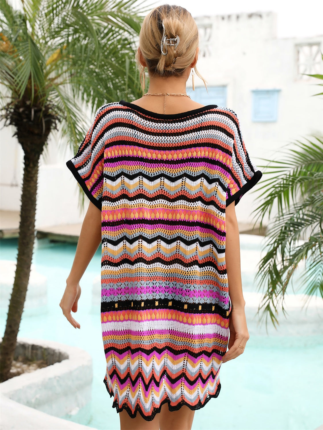 Rainbow stripe scalloped V-neck cover-up dress for women with vibrant striped design and scalloped neckline.