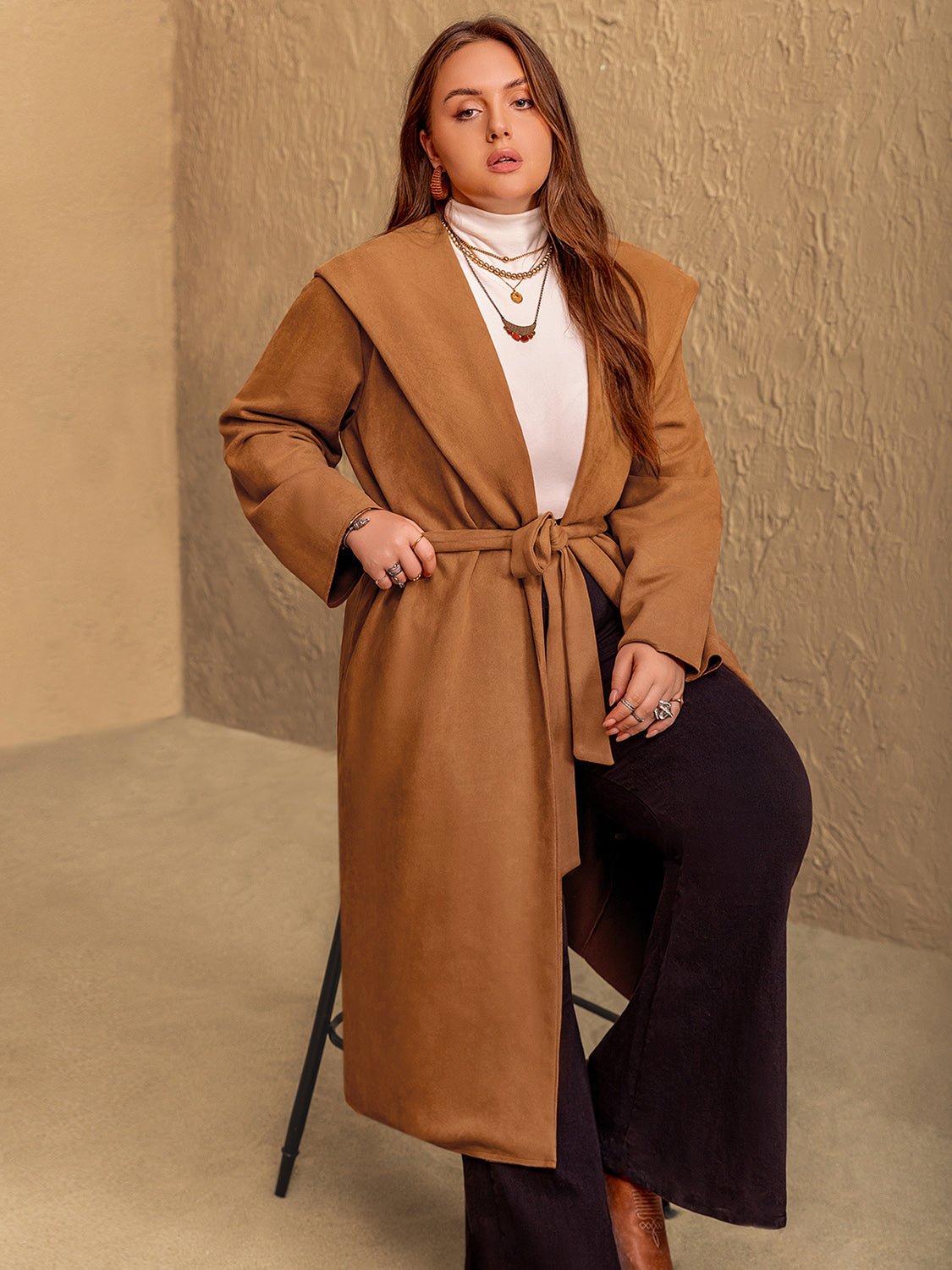 Plus size tied long sleeve hooded coat with pockets in brown.