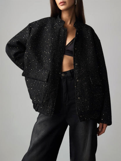 Sequin detail long sleeve jacket with pockets in black.