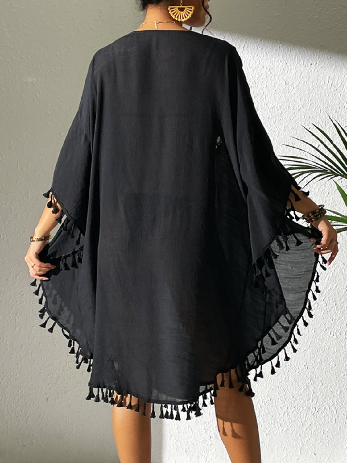 Tassel cutout scoop neck cover-up dress, semi-sheer, one size, black.