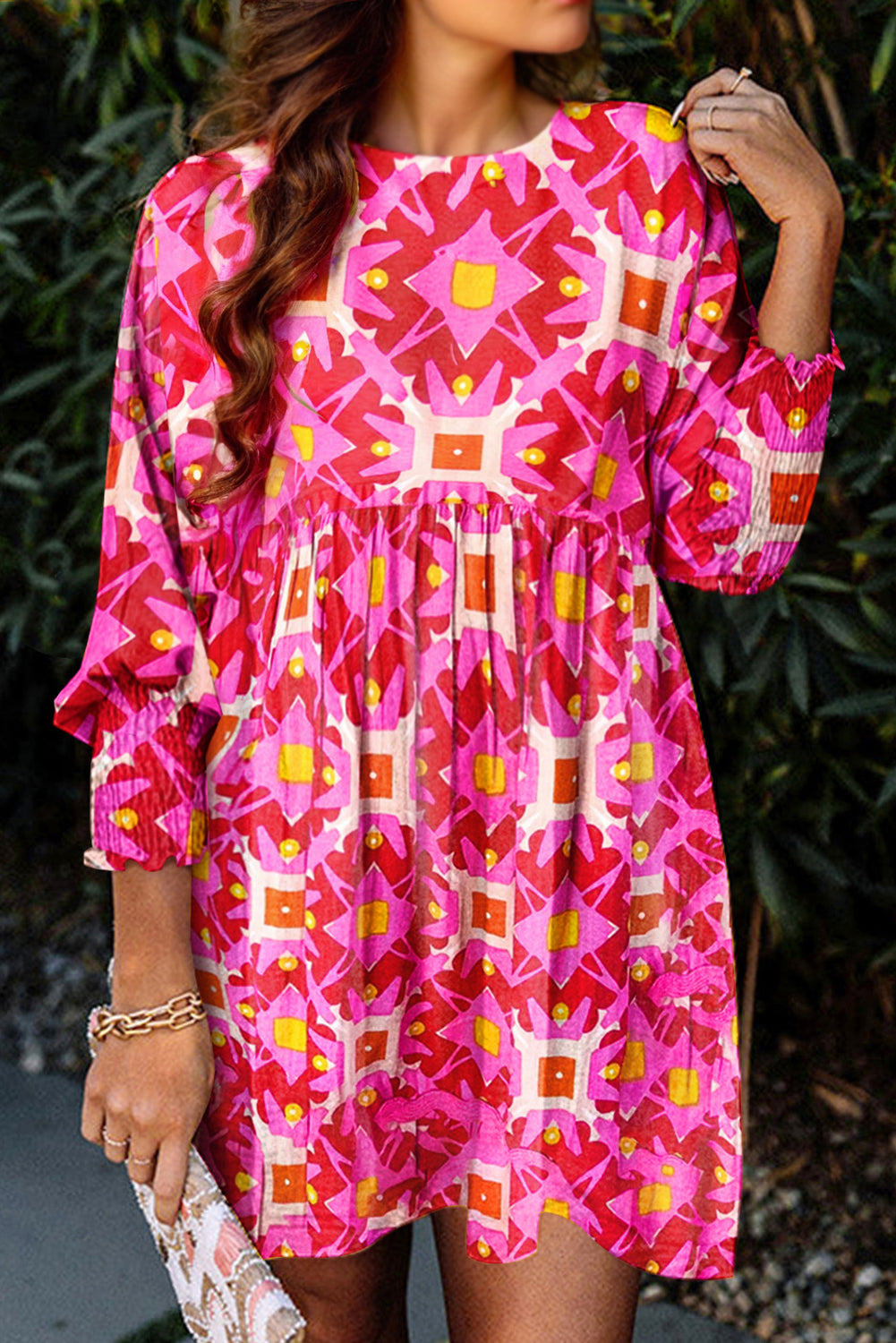 Pink Geometric Print Smocked Long Sleeve Mini Dress