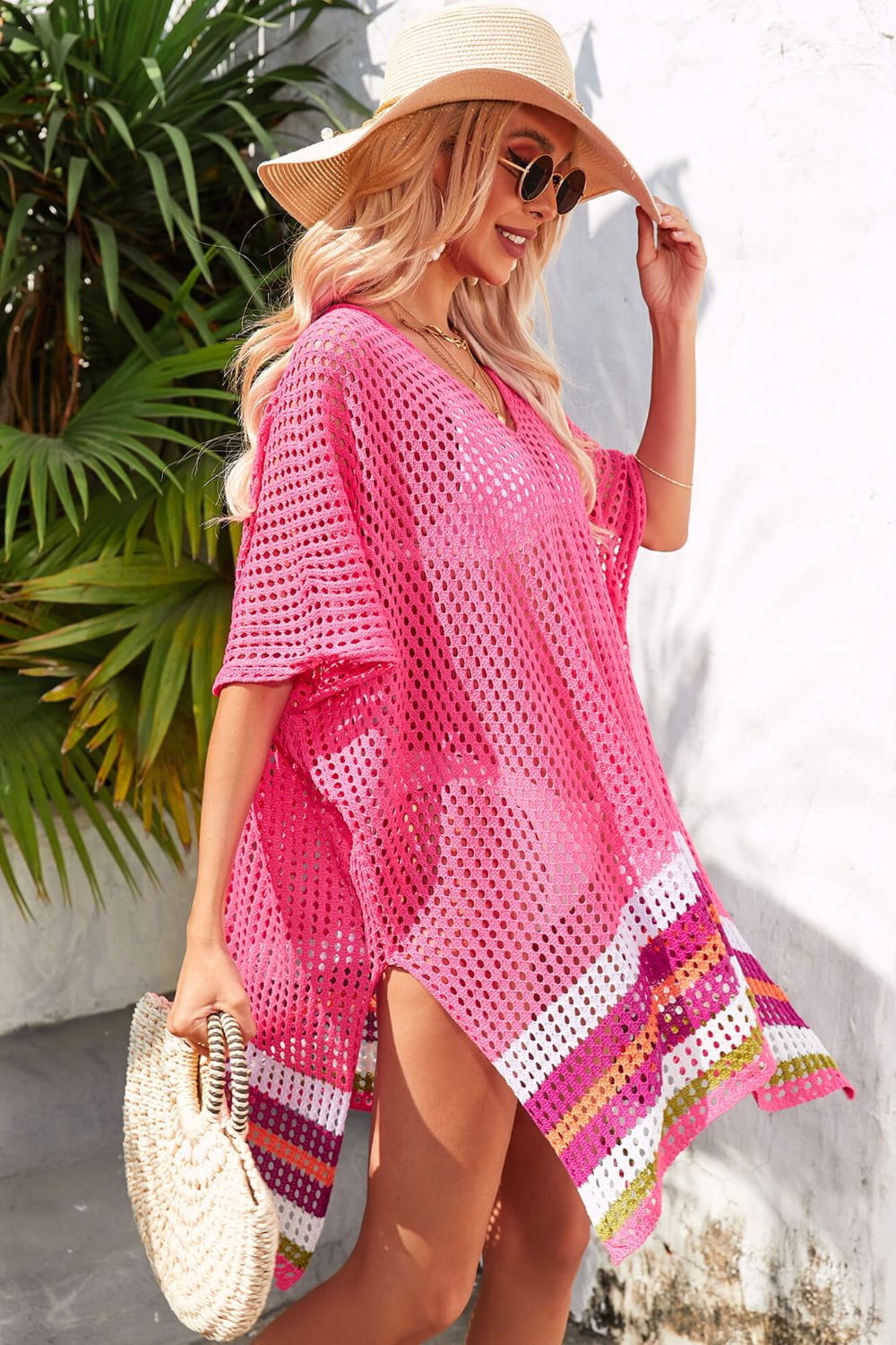 Rainbow Stripe Openwork Slit Cover-Up with Half Sleeves and V-Neck