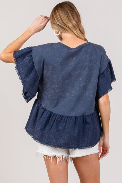 Ruffle sleeve washed short sleeve blouse in blue, featuring elegant ruffle details, worn by a model.