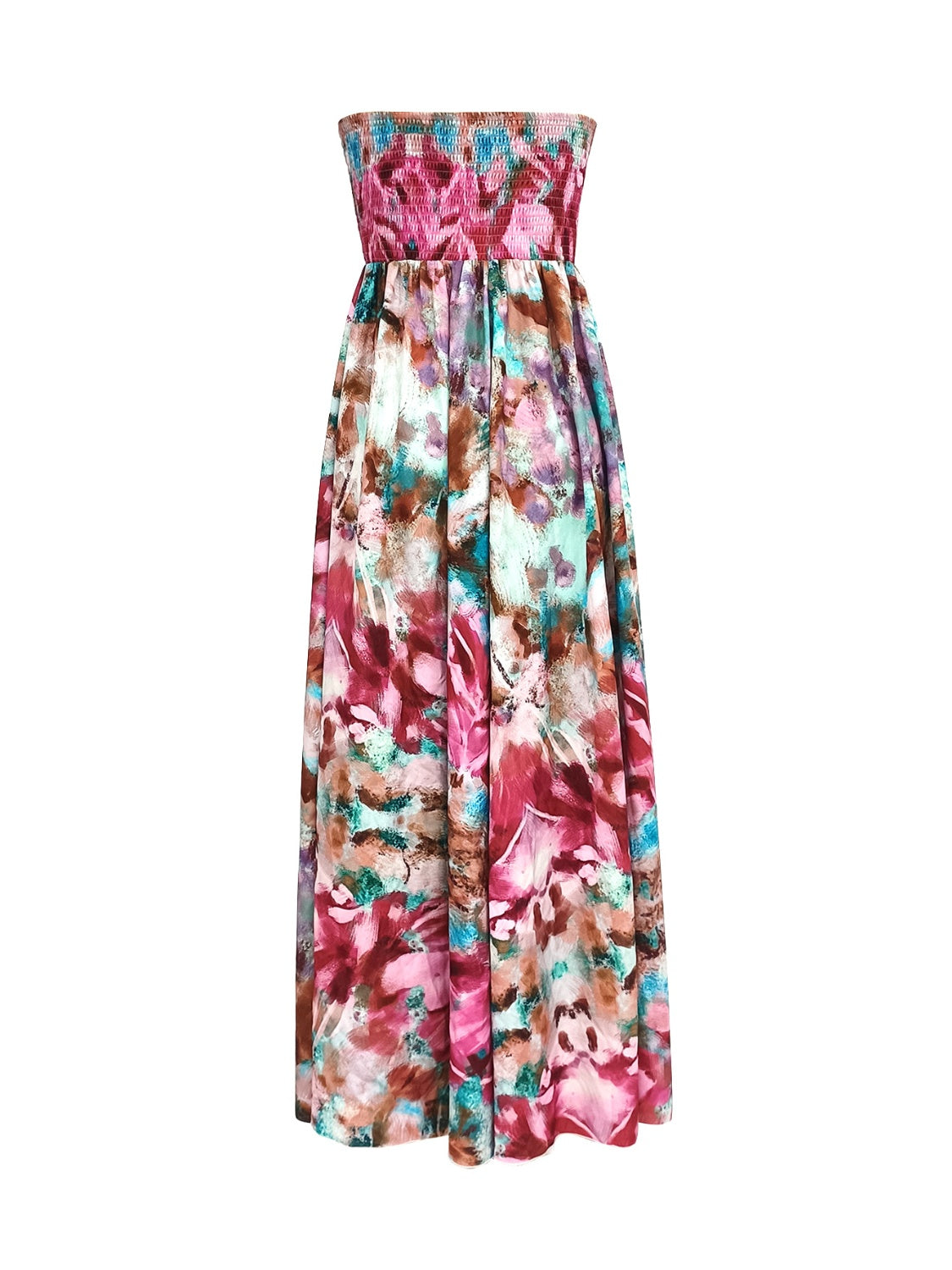 Smocked printed sleeveless maxi dress in colorful abstract design.