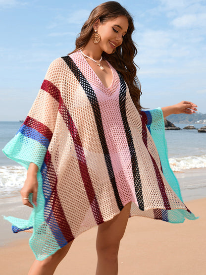 Color block plunge beach dress with openwork design and slight stretch, perfect for seaside outings.