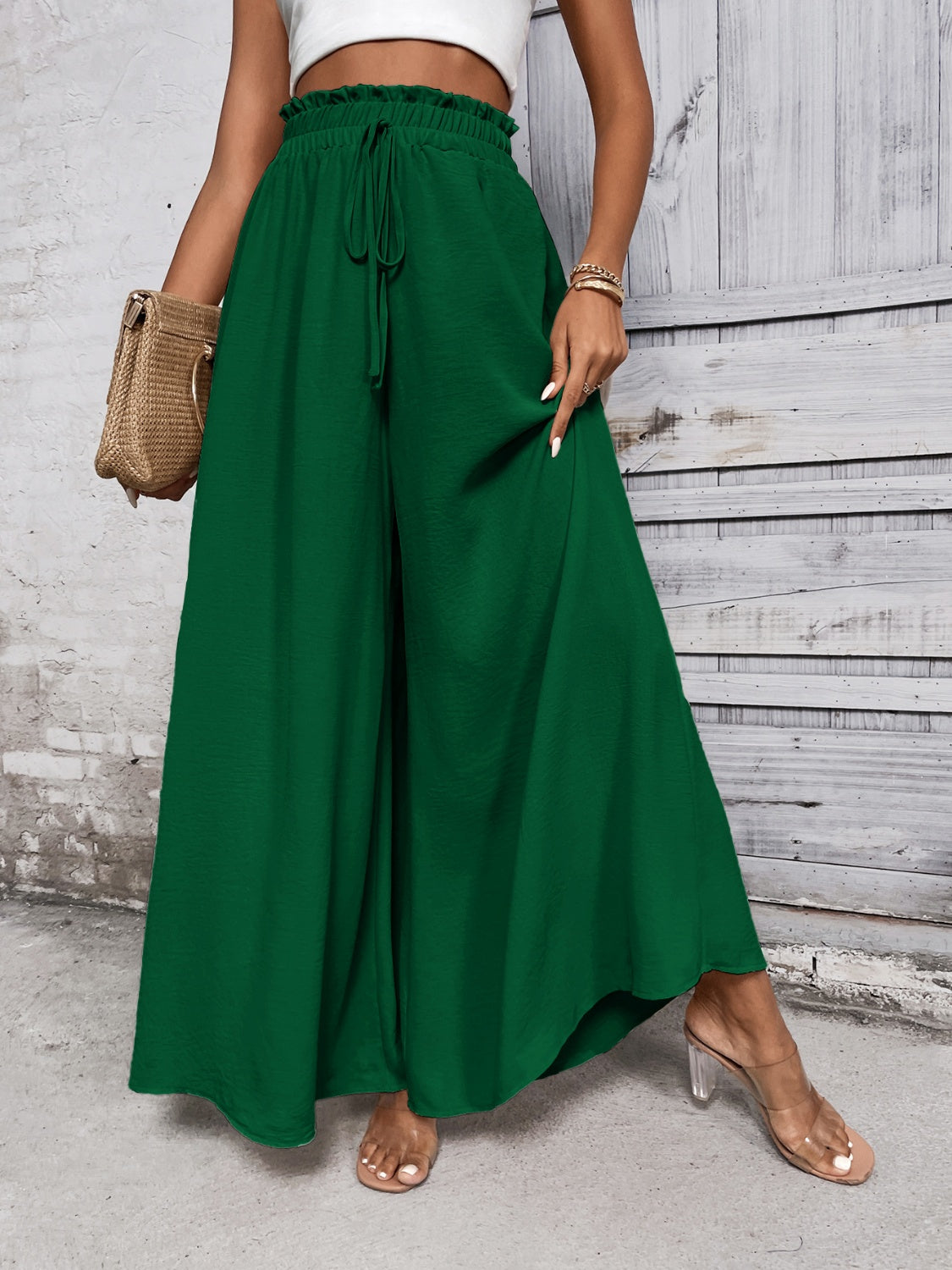 Boho high waist wide leg pants in green with tie detail, 100% cotton.