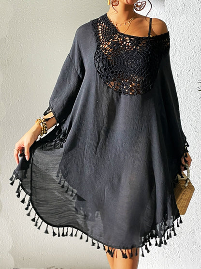 Tassel cutout scoop neck cover-up dress, semi-sheer, black with crochet details, bohemian style.