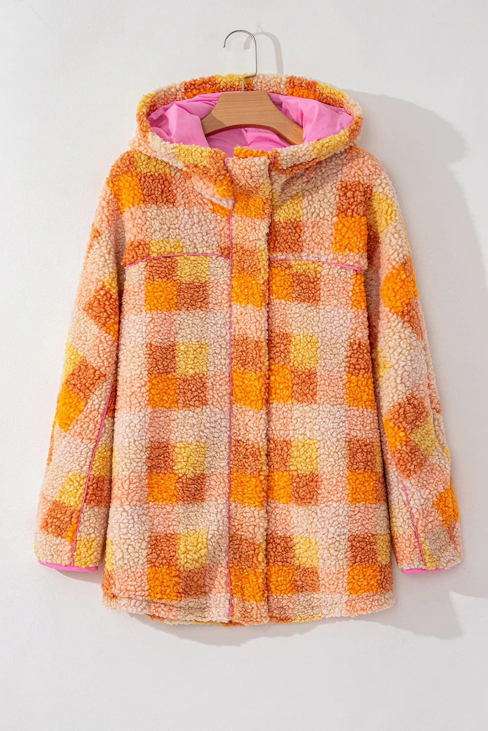 Plaid long sleeve hooded jacket with orange and pink checkered pattern, 100% polyester, lined, front view.