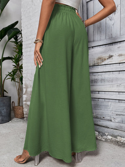 Boho high waist wide leg pants in green, 100% cotton, tied design.