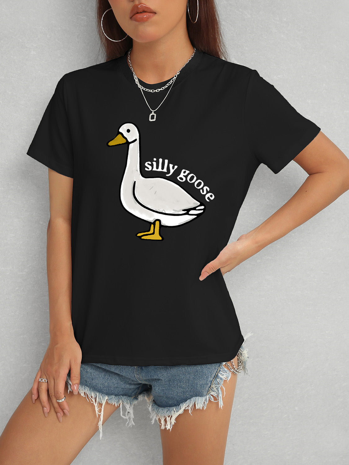 Silly Goose Graphic T-Shirt, black, featuring a cartoon goose design, slightly stretchy polyester fabric.