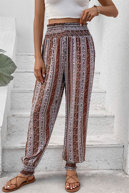 Boho print high waist joggers pants with smocked waistband and striped design.