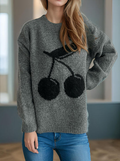 Cherry Round Neck Long Sleeve Sweater in gray with cherry design, slightly stretchy, polyester and acrylic blend.