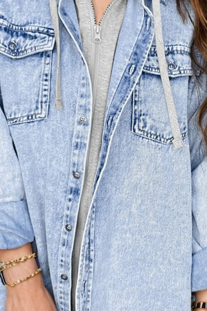 Distressed button-up long sleeve denim jacket with no stretch, cotton-polyester blend.