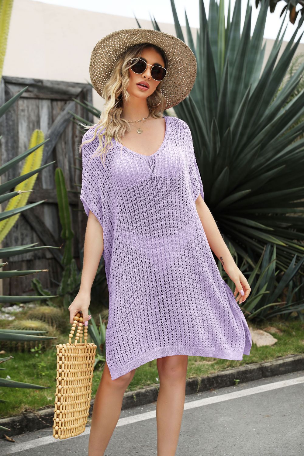 Side slit beach cover up dress with scoop neck and short sleeves in solid color.