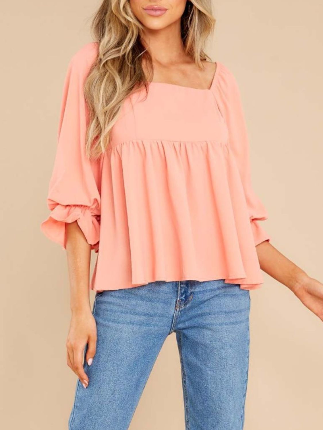 Women's Smocked Square Neck Flounce Sleeve Blouse in coral, featuring ruffled design.