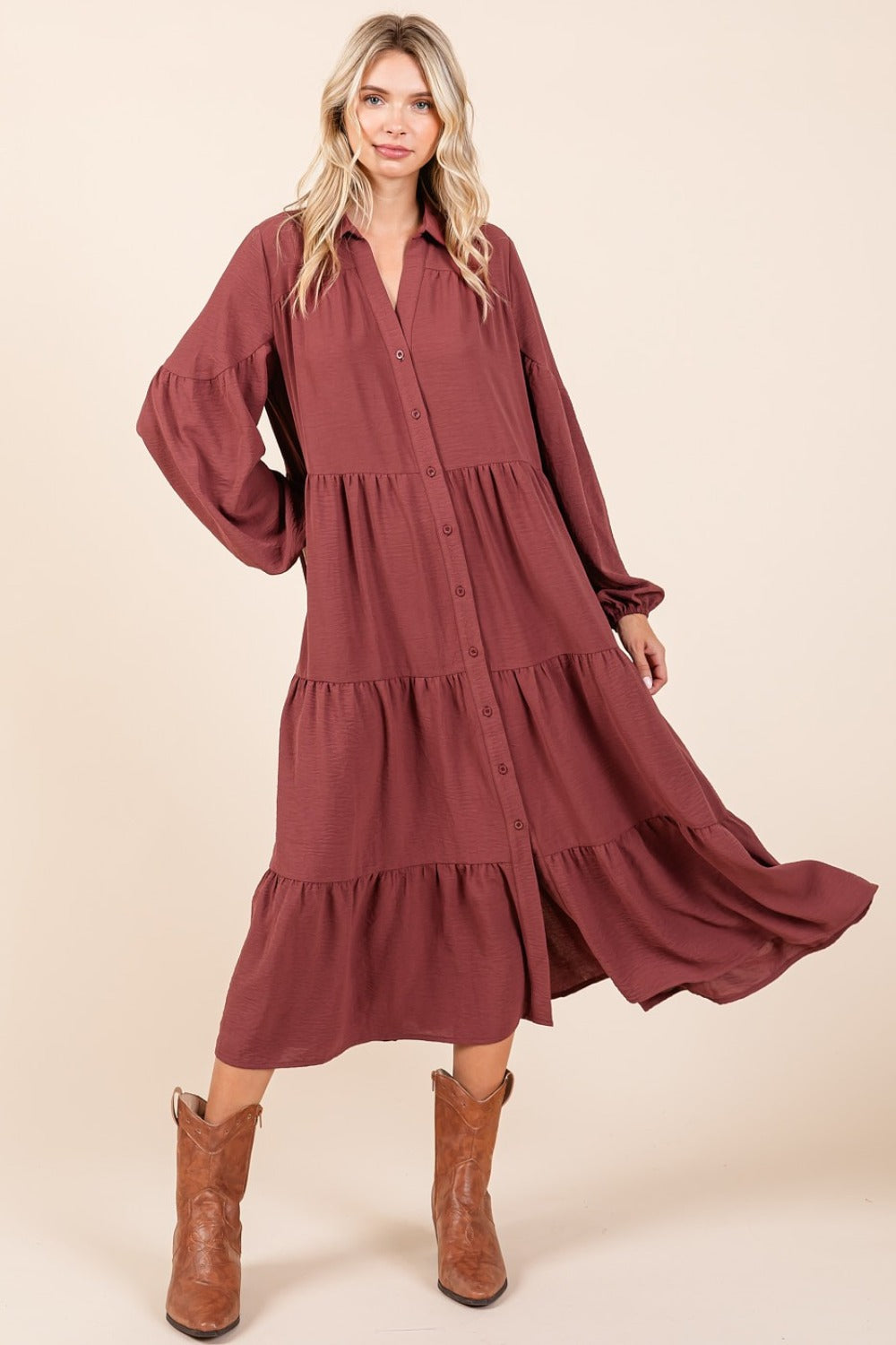 Tiered Button Down Long Sleeve Midi Dress in rust color for women, featuring tiered design and button-down front.