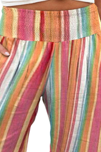 Plus Size Striped Wide Leg Boho Pants in multicolor with an elastic waist.