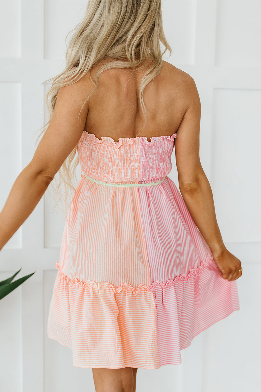 Pink Stripe Color Block Smocked Button Front Frilled Strapless Dress