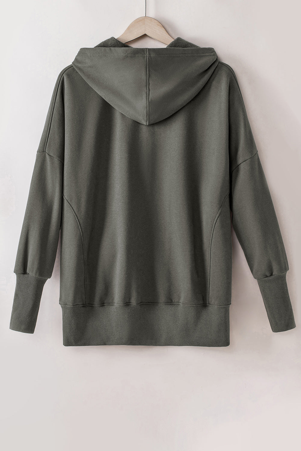 Quarter-Snap Dropped Shoulder Hoodie in green with back view, featuring pocketed design and buttoned details.