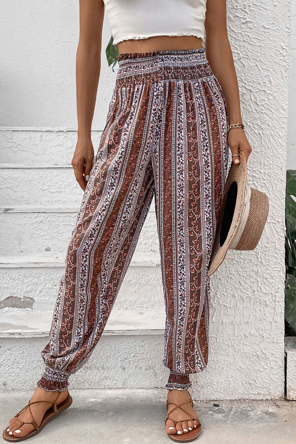 Boho print high waist joggers pants with smocked waist and viscose fabric.