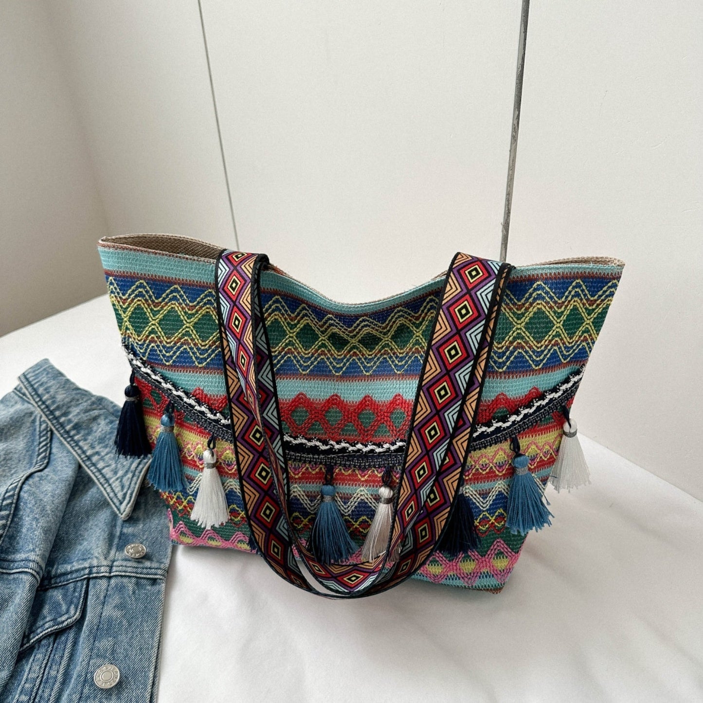 Boho printed tassel detail tote bag for women, casual everyday style.