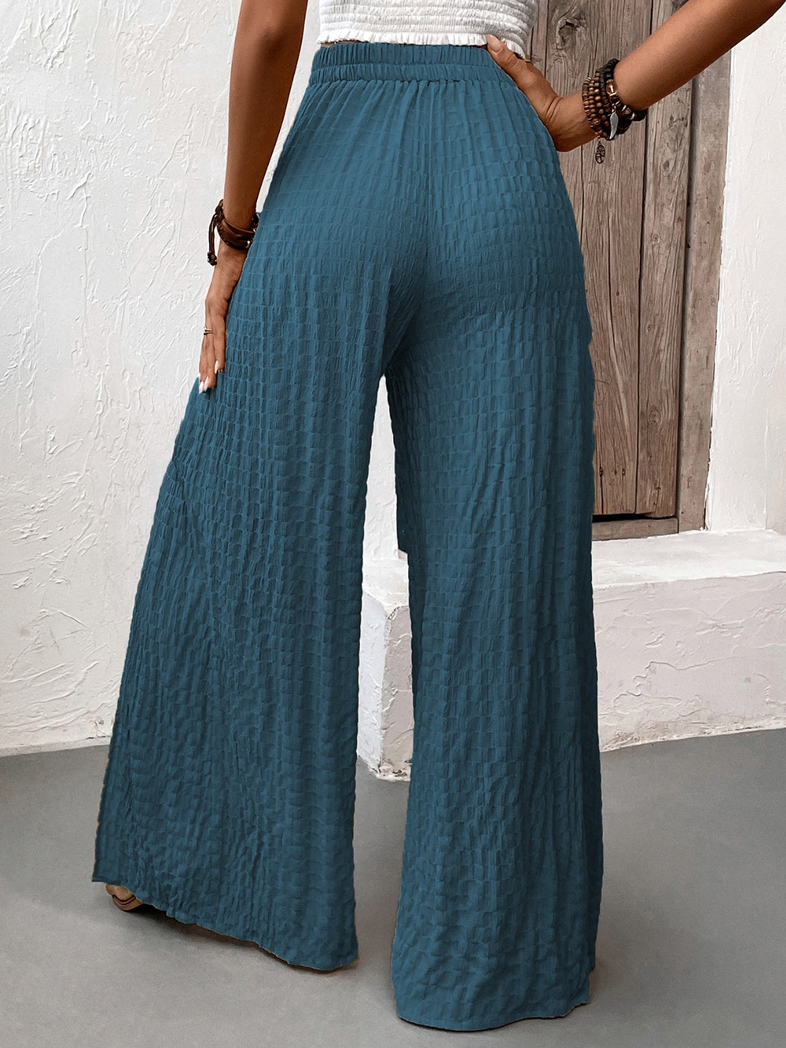 Honey Tied Slit Wide Leg Pants, blue, elastic waist, polyester blend, back view.