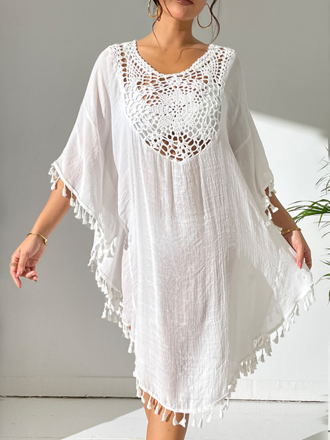 Tassel cutout scoop neck cover-up dress in white, semi-sheer with crochet details.