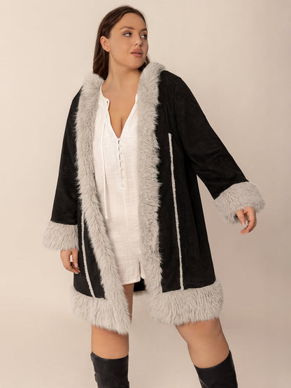 Plus size fuzzy trim open front long sleeve hooded coat with raw hem.