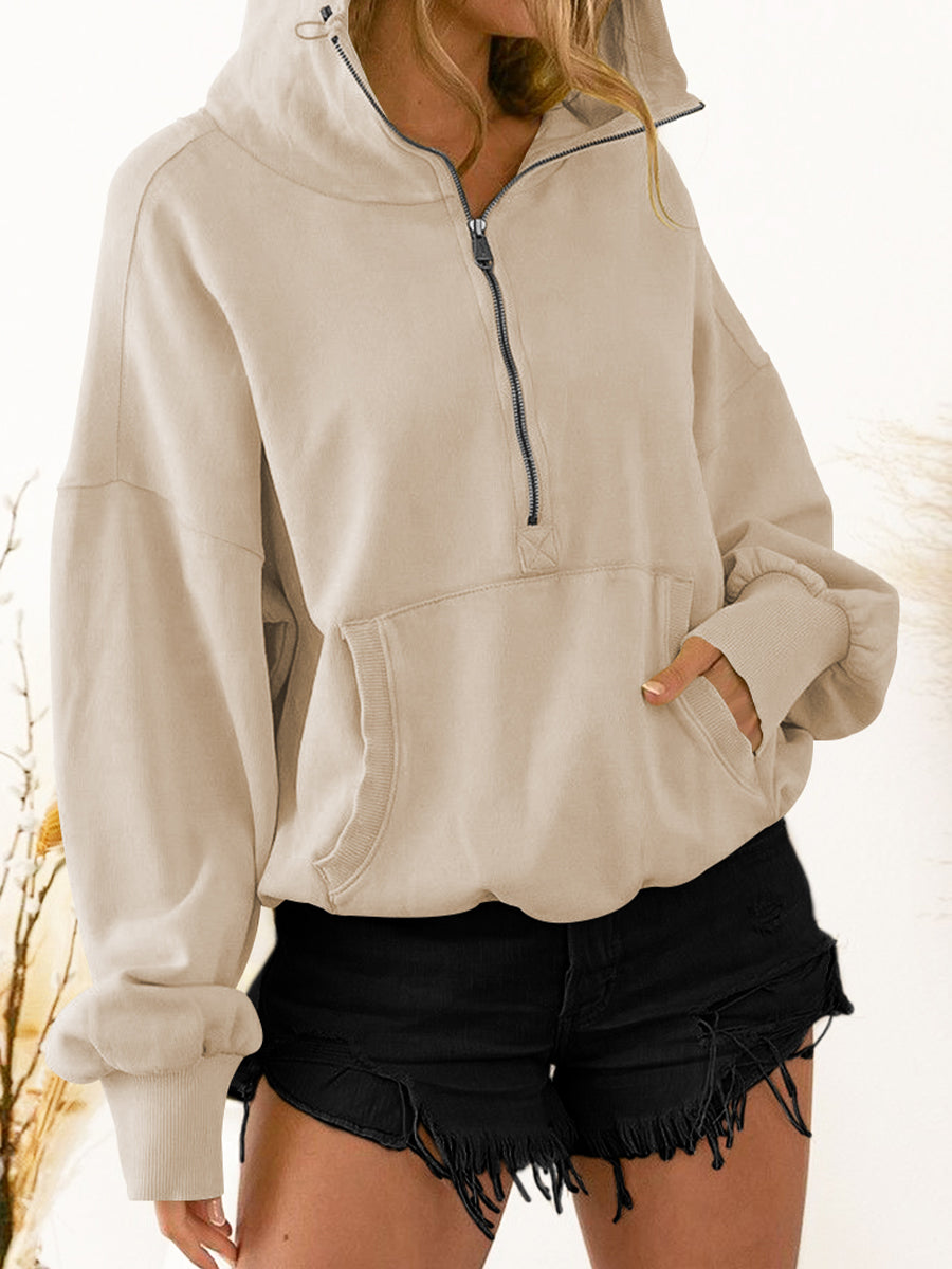 Half zip dropped shoulder hoodie with drawstring and pocket, made of polyester and rayon.