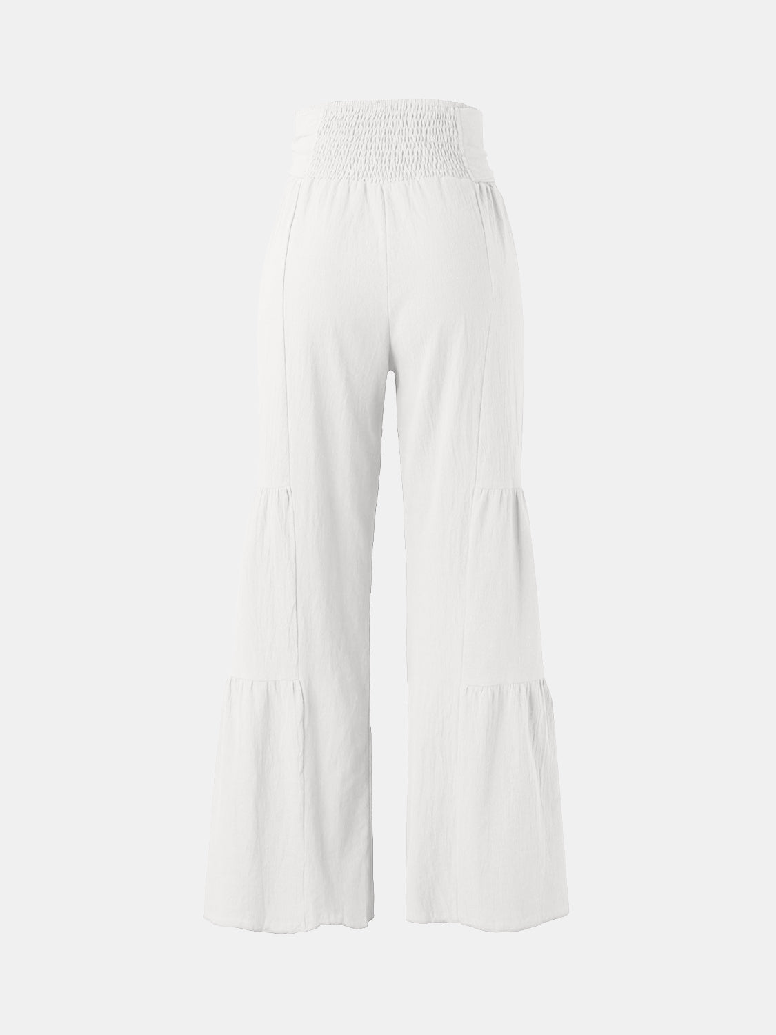 High waist ruched wide leg pants in white, featuring a tied design and comfortable fit.