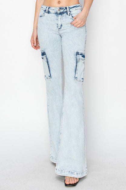 High rise light wash cargo flare jeans with pockets, featuring a flattering high-waisted design and flared legs.