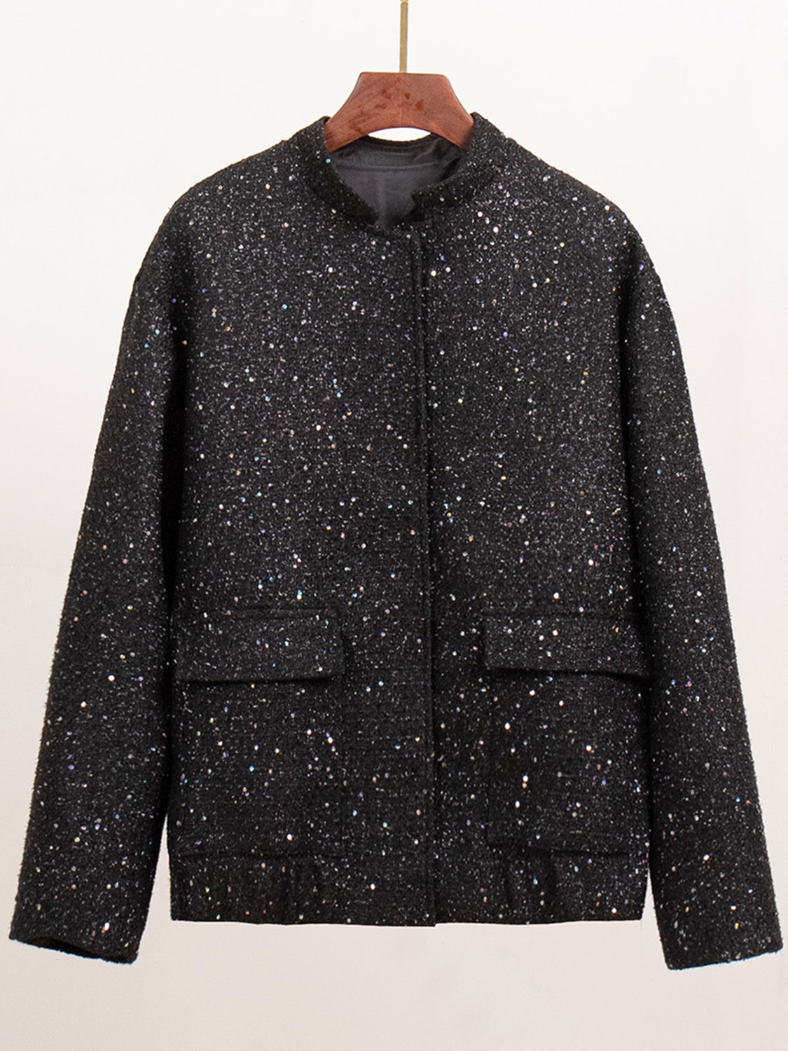 Sequin detail pocketed long sleeve jacket in black, 100% polyester.