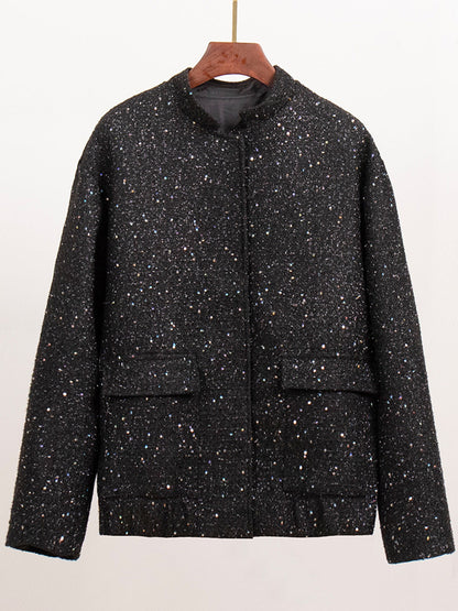 Sequin detail pocketed long sleeve jacket in black, 100% polyester.