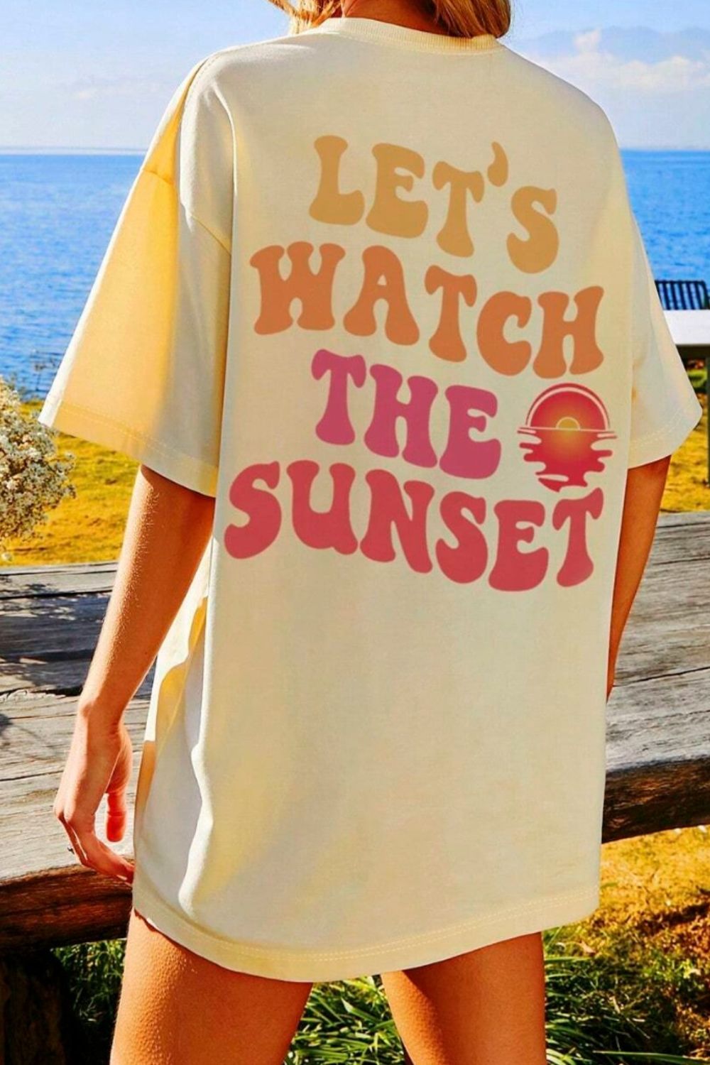 Women's "Let's Watch The Sunset" T-shirt, 100% polyester, slightly stretchy, casual style.