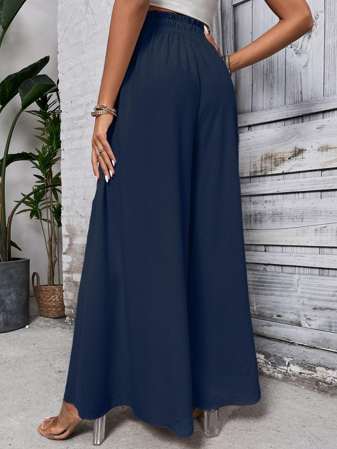 Boho high waist wide leg pants in navy, 100% cotton, with tied detail.