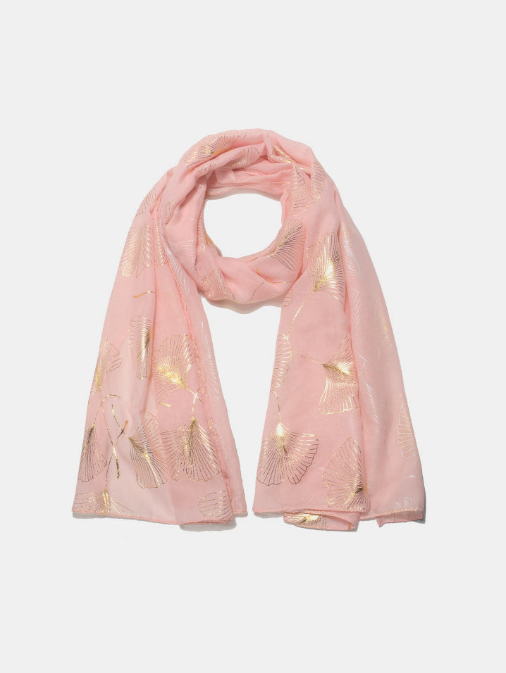 Pink Ginkgo Leaf Polyester Scarf with gold accents