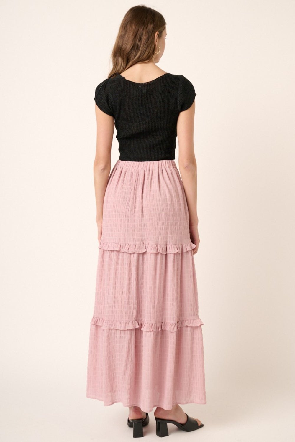 Dusty pink drawstring high waist frill skirt with elegant detailing.