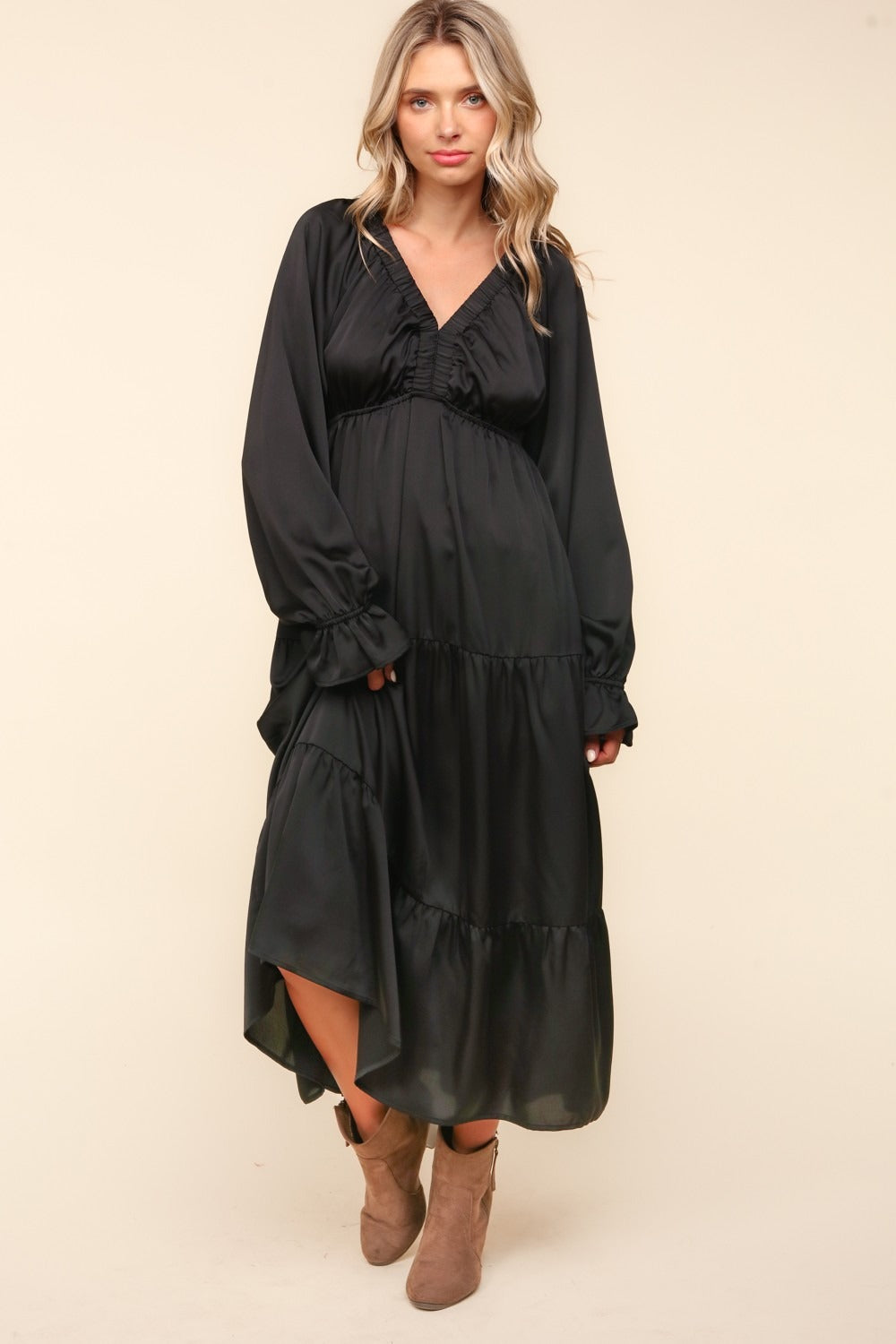 Flounce Sleeve Tiered Midi Dress with Pockets in black, elegant and flowy with flounce sleeves.