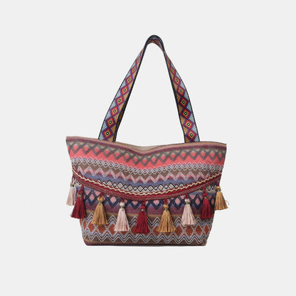 Boho-inspired printed tassel detail tote bag for women with chic design.