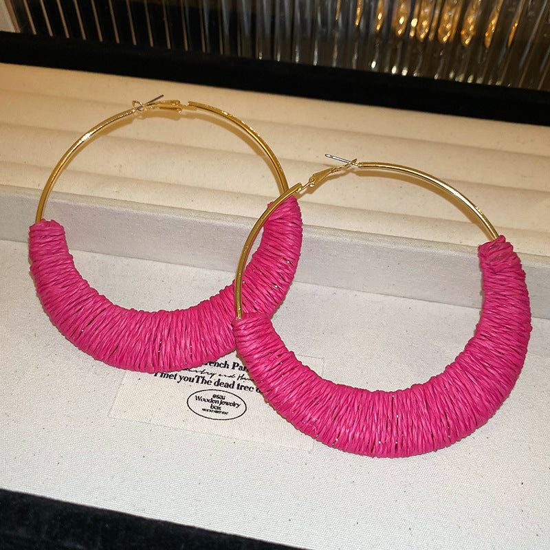 Nature-inspired pink Alloy Grass Vine Hoop Earrings for women in boho style.