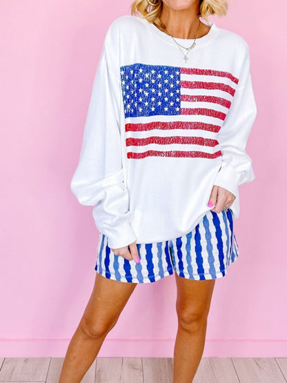 USA flag long sleeve sweatshirt, polyester and cotton blend, basic style, slightly stretchy, women's apparel.