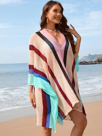 Color block plunge beach dress with openwork design, semi-sheer, and slightly stretchy acrylic material.